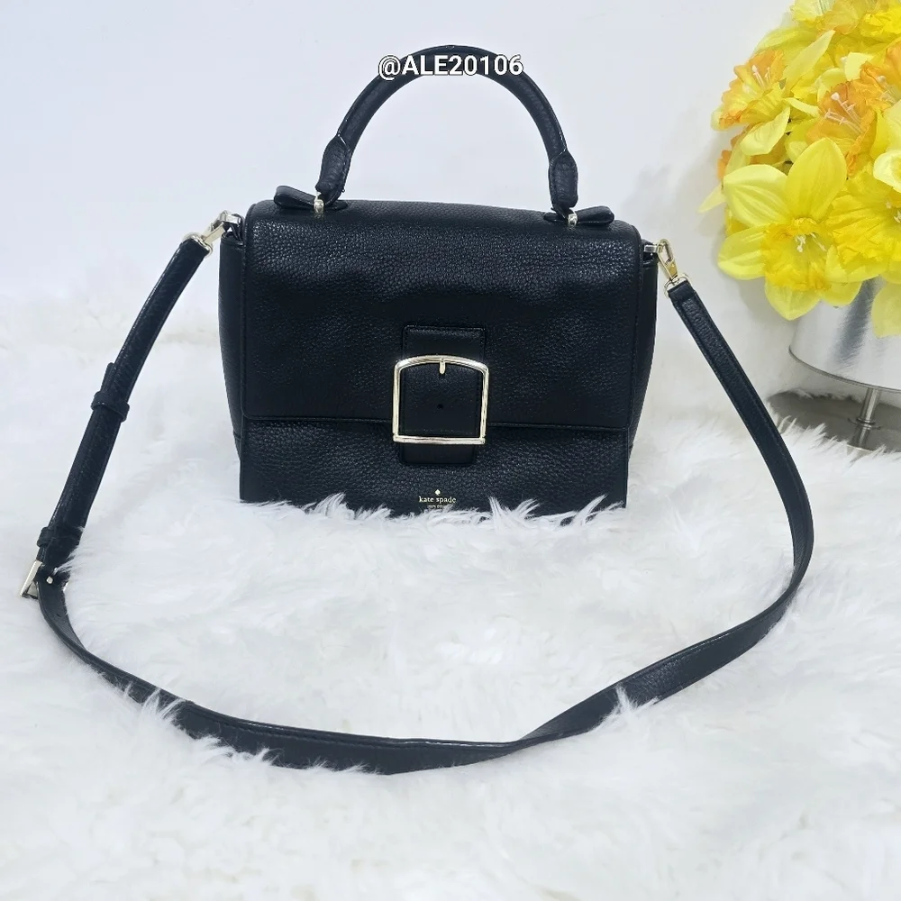 Kate Spade Black Leather Satchel with Gold Buckle